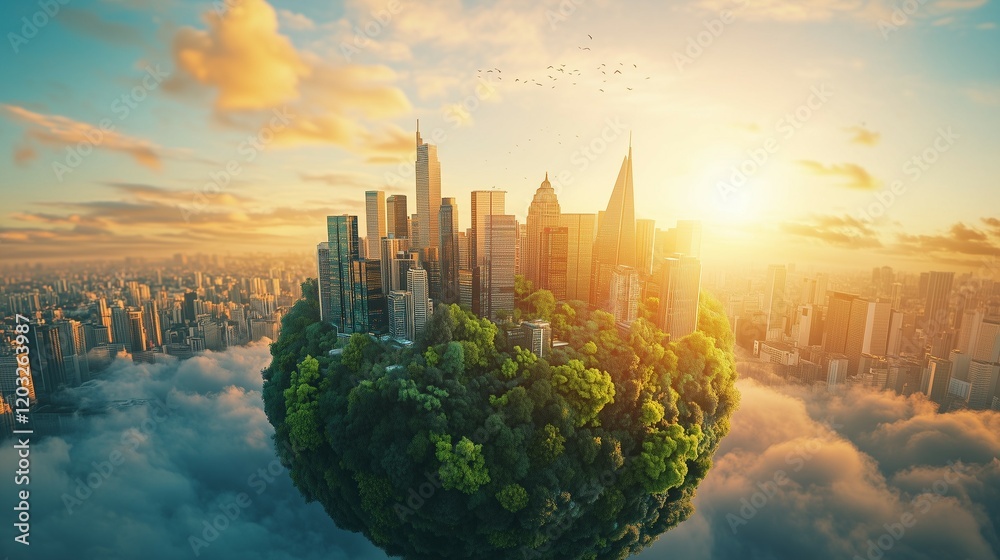 Fototapeta premium Cityscape Rising on a Floating Forest Sphere