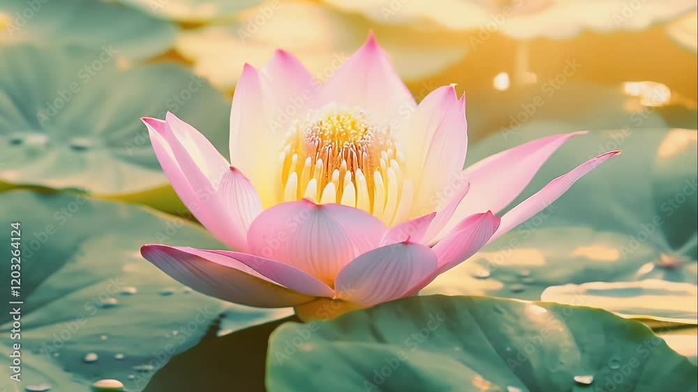Soft petals of a lotus flower unfurling, tranquil pond setting, glowing golden light, serene and ethereal mood