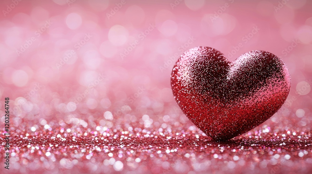 Fototapeta premium Red glitter heart on sparkling pink background with bokeh