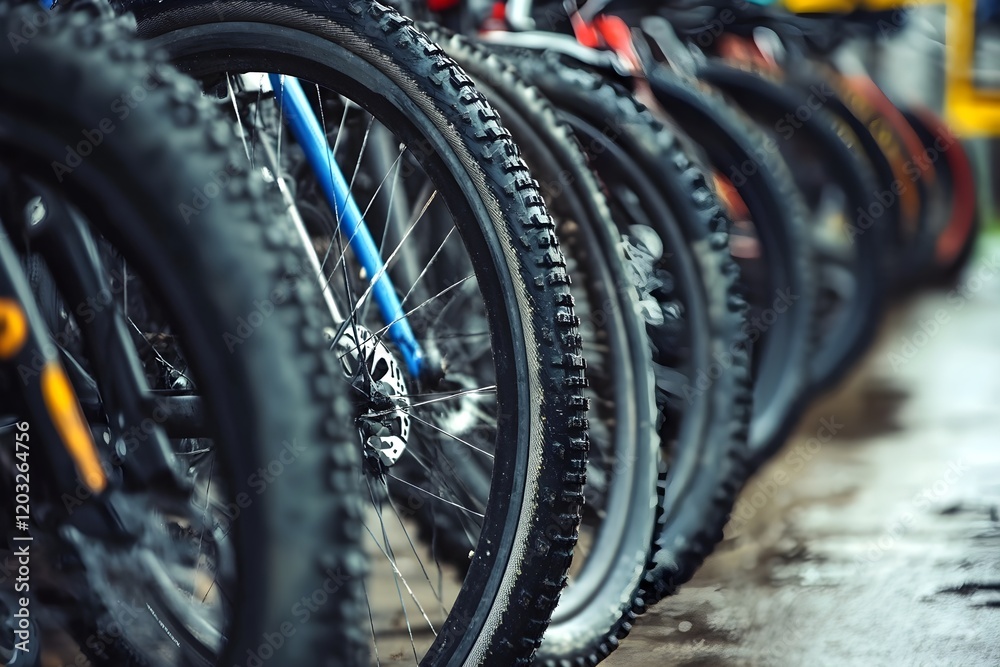 Fototapeta premium Close up bike tire. Sports shop