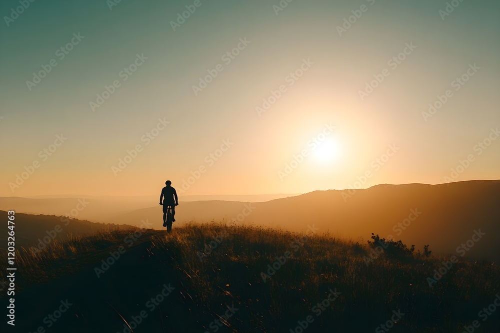 Fototapeta premium Silhouette of a person in the sunset biking in the mountain