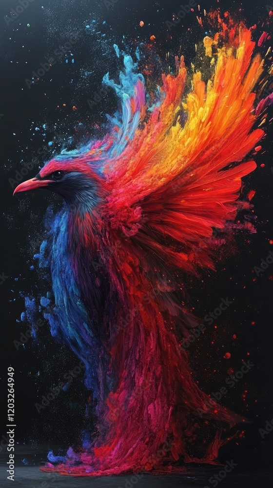 Fototapeta premium Vibrant Abstract Bird with Burst of Colorful Feathers on Dark Background