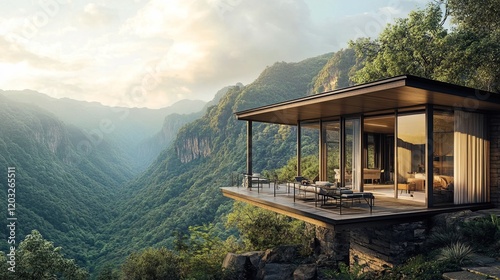 A serene mountain lodge with a large porch overlooking a valley