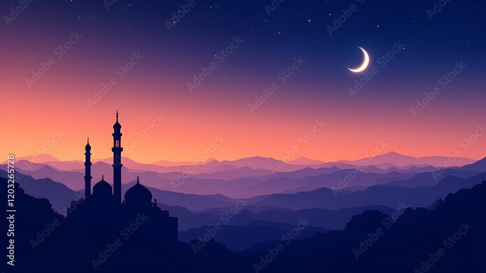 Mosque at sunset with crescent moon over mountain range. Ramadan background Mosque at sunset with crescent moon over mountain range. Ramadan background