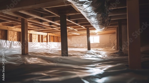 Crawl space with vapor barrier, beams, and insulation for moisture control.