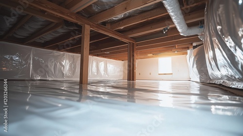 Clean, encapsulated crawl space with wooden beams and vapor barrier.