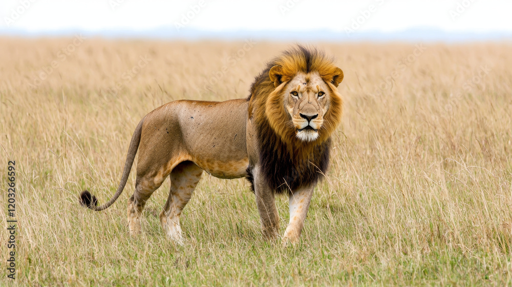 Majestic male lion standing tall in golden savanna grass. Majestic male lion standing tall in golden savanna grass.