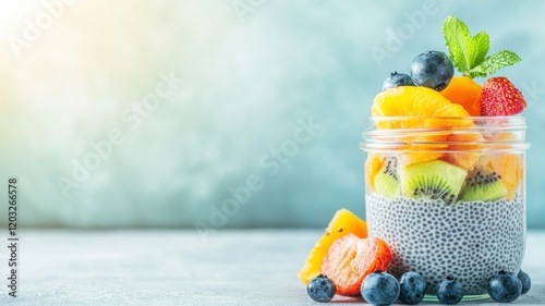 A colorful fruit parfait in a jar featuring chia seeds, topped with strawberries, blueberries, kiwi, and mint, set against a soft, light background.