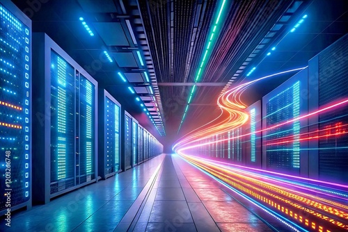 Data Stream in Server Room: Abstract digital streams of vibrant light streak through a futuristic server room, showcasing high-speed data transfer and the power of modern technology.