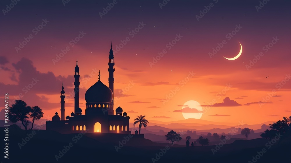 Obraz premium A beautiful silhouette of a mosque with a crescent moon in the vibrant evening sky, surrounded by peaceful scenery and mountains.