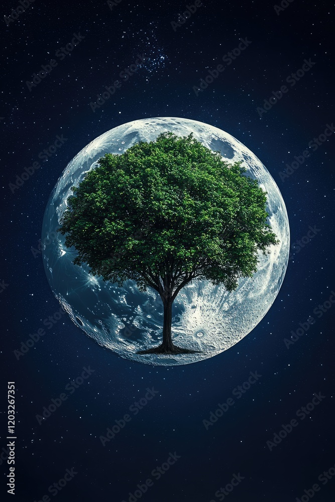 Obraz premium Surreal Tree on Full Moon: Nature's Harmony in Cosmic Nightscape Imagery