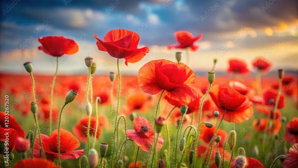 A field of red poppies swaying gently in the breeze on a serene landscape background A field of red poppies swaying gently in the breeze on a serene landscape background