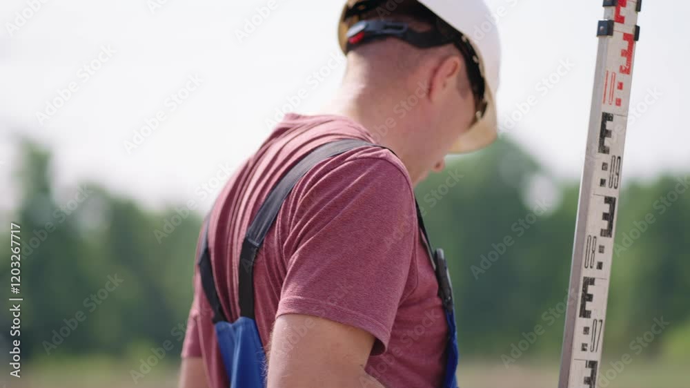 At a construction site, a worker, wearing a helmet, diligently checks his phone to ensure safety and efficiency