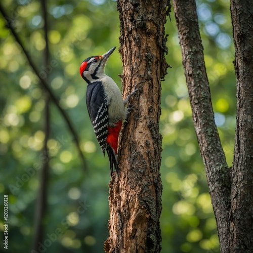 A woodpecker perched on a tree trunk, with a vibrant green forest backdrop. photo