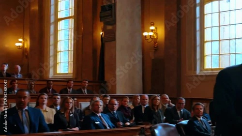 Public hearing at the courtroom, witnesses speaking in the court to judge, cinematic drama scene camera rolling from senior lawyers face to the convicted in a hall full of people law generative AI