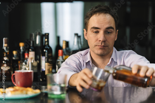 young man drinks whiskey from a glass in a bar on a dark background. A businessman with a bottle in his hands is relaxing in a pub with alcohol after work. photo