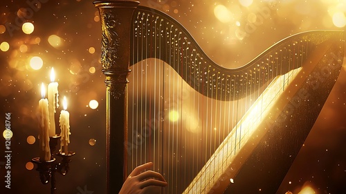 Golden strings of a harp glistening under soft candlelight, delicate fingers strumming gently, a warm bokeh background, the atmosphere radiating intimacy and harmony