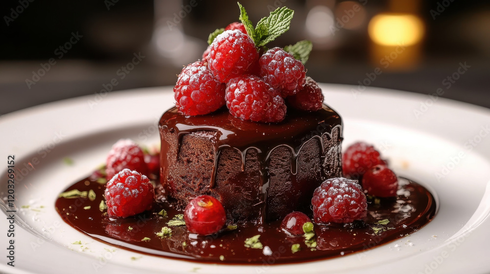 Decadent dessert featuring dark chocolate cake topped with fresh raspberries and mint, served on plate with chocolate sauce Decadent dessert featuring dark chocolate cake topped with fresh raspberries and mint, served on plate with chocolate sauce