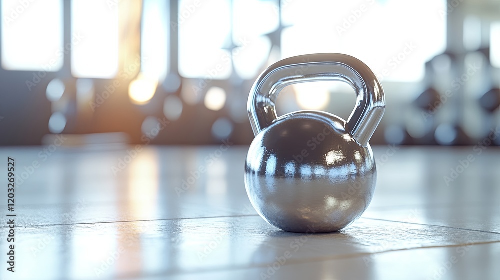 A shiny kettle bell placed neatly on a clean white gym floor with space for text. A shiny kettle bell placed neatly on a clean white gym floor with space for text.
