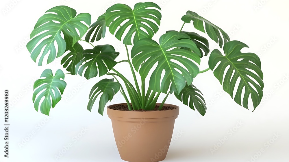 Fototapeta premium Lush green Monstera deliciosa in a terracotta pot against a white background.