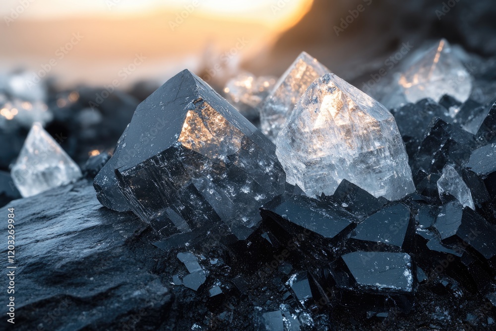 Stunning image of large, clear quartz crystals nestled amongst dark, sharp rocks at sunset. Stunning image of large, clear quartz crystals nestled amongst dark, sharp rocks at sunset.