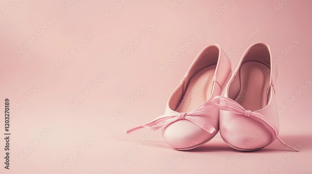 A single pair of polished ballet shoes tied neatly on a clean, pastel surface. A single pair of polished ballet shoes tied neatly on a clean, pastel surface.