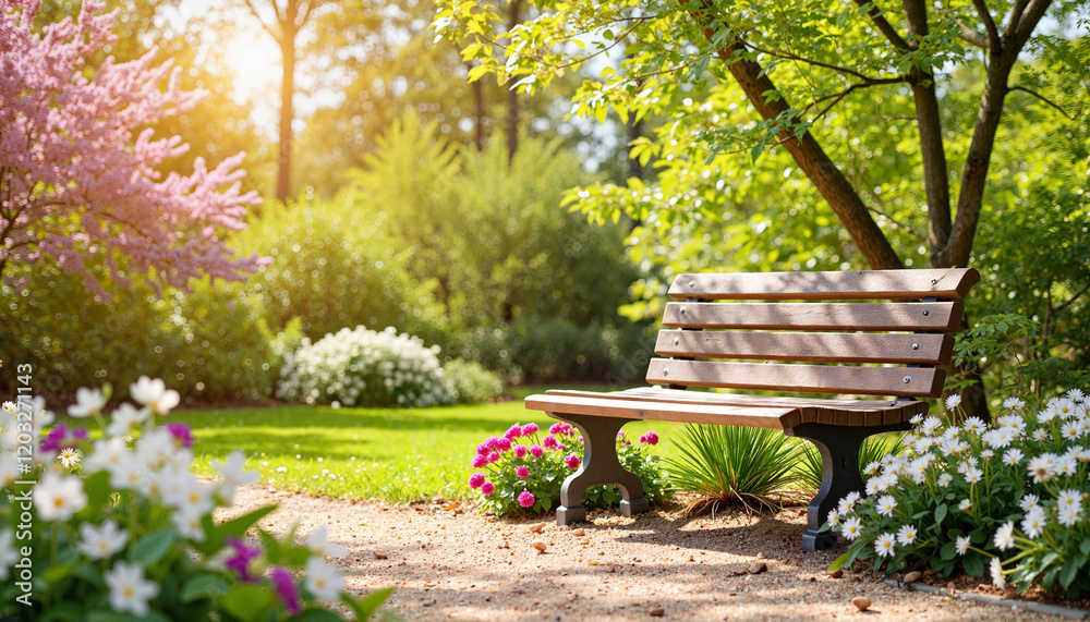 Serene park bench surrounded by blooming flowers at sunset, tranquility Serene park bench surrounded by blooming flowers at sunset, tranquility