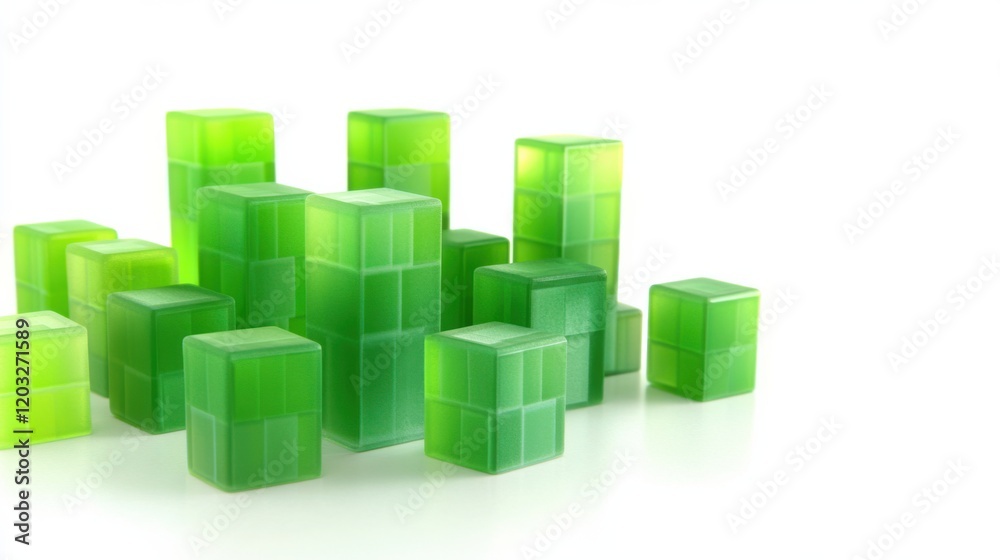 A vibrant arrangement of green translucent cubes on a reflective surface creating a modern aesthetic A vibrant arrangement of green translucent cubes on a reflective surface creating a modern aesthetic