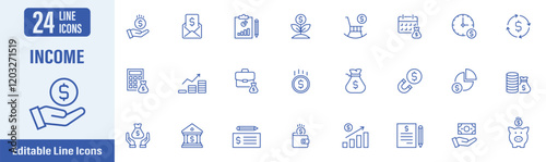 Income web icons in line style. Income, money, paycheck, pension, accounting, salary, profit, tax and more. Vector illustration.