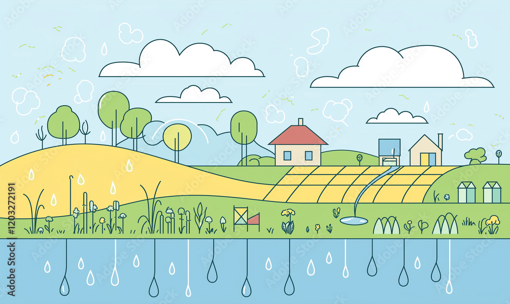 A colorful, illustrated landscape featuring rolling hills, trees, a house, fields, and water, embodying serenity and nature. A colorful, illustrated landscape featuring rolling hills, trees, a house, fields, and water, embodying serenity and nature.