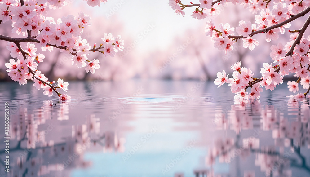 Fototapeta premium Serene cherry blossoms reflected in calm water, nature's tranquility