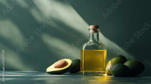 A small glass bottle of avocado oil with fresh avocados beside it