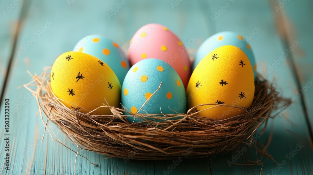 Colorful Painted Easter Eggs in Nest on Turquoise Wooden Background Colorful Painted Easter Eggs in Nest on Turquoise Wooden Background