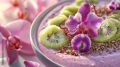 A smoothie bowl decorated with edible orchids, spirals of kiwi, and flaxseed topping.