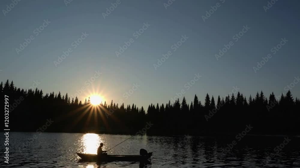 Silhouette of a person fishing from a small boat at sunrise on a calm lake, surrounded by a dense forest. The golden sunlight reflects on the water, creating a peaceful and serene atmosphere Silhouette of a person fishing from a small boat at sunrise on a calm lake, surrounded by a dense forest. The golden sunlight reflects on the water, creating a peaceful and serene atmosphere