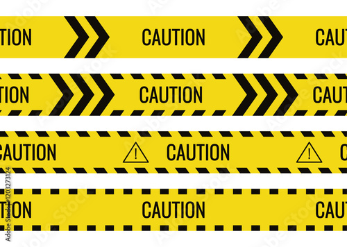 Seamless caution tapes with yellow and black warning stripes and warning triangle symbol