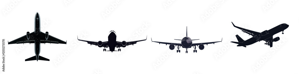 Silhouettes of different commercial and private aircrafts in sleek black and white minimalist design showcasing the varying sizes shapes and of airplanes used for passenger and cargo transportation Silhouettes of different commercial and private aircrafts in sleek black and white minimalist design showcasing the varying sizes shapes and of airplanes used for passenger and cargo transportation
