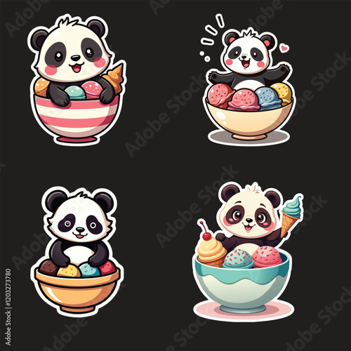 Charming panda character illustrations displaying lively enjoyment with vibrant ice creams, evoking cuteness and fun stickers