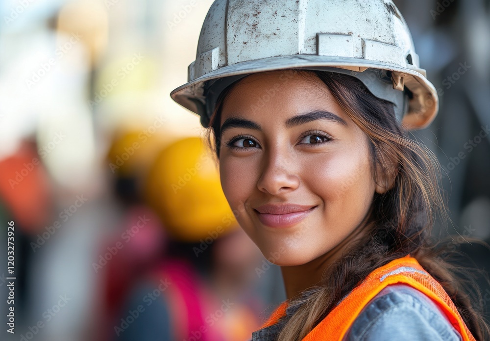 Smiling Female Construction Worker with Safety Helmet and Orange Vest, Showcasing Confidence and Professionalism at Construction Site with Team Members in Background Smiling Female Construction Worker with Safety Helmet and Orange Vest, Showcasing Confidence and Professionalism at Construction Site with Team Members in Background