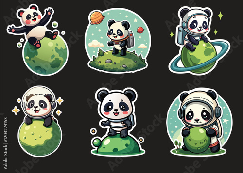 Cute illustrations featuring pandas in astronaut gear and outer space settings, seated on planets sticker design photo