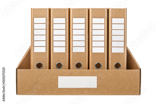 Five file folders in a cardboard box isolated with transparent background
