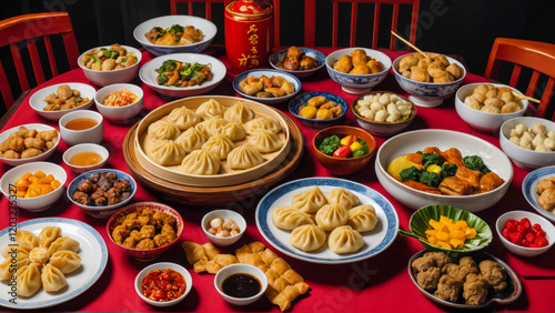 Wallpaper Mural Table full of Chinese New Year traditional dishes such as dumplings, Peking duck and sweets. Culinary delights. Creating atmosphere of celebration and joy, traditions of Chinese New Year celebrations Torontodigital.ca