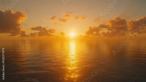Golden sunset over calm ocean.