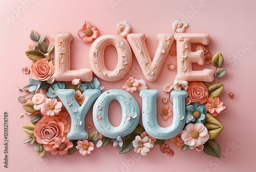 Love you greeting card to Valentine's day  with flowers on pale pink background