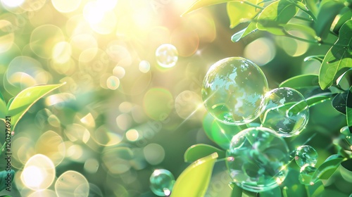 Blurred light bubbles on a background of leaves, photorealistic and minimal style