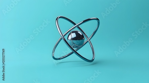 Model of a metallic atom with orbiting electrons displayed against a vibrant blue background