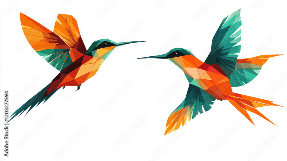 Obraz premium Simplistic bird silhouettes, multicolor geometric shapes creating vibrant feathers, dynamic angles with a focus on bright orange and teal tones