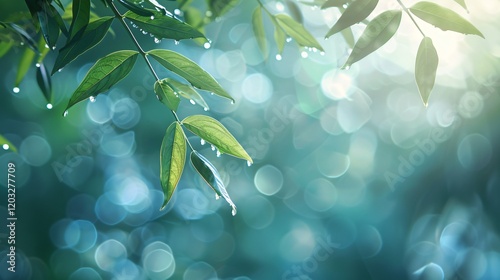 Bokeh and light reflections on fresh leaves, photorealistic and minimal style