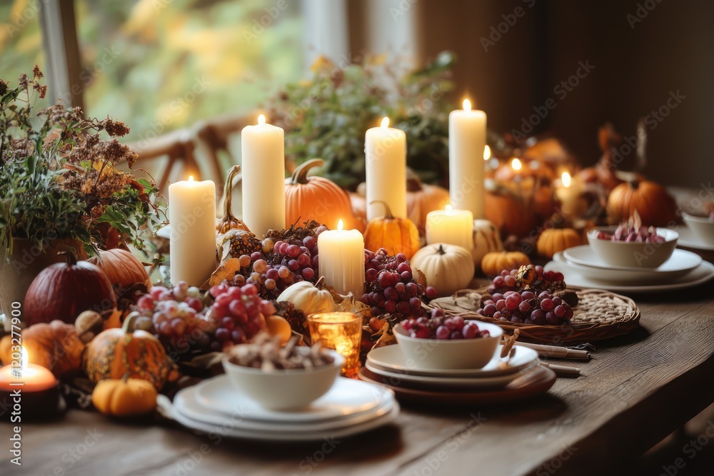 A fall-inspired dining table with warm-toned tableware, candles, and seasonal harvest elements A fall-inspired dining table with warm-toned tableware, candles, and seasonal harvest elements