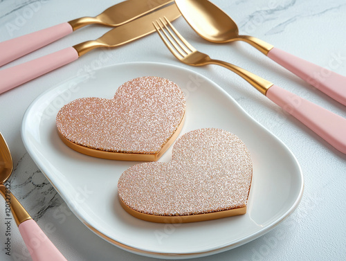 Glitter heart coasters on plate with gold cutlery and pink handles